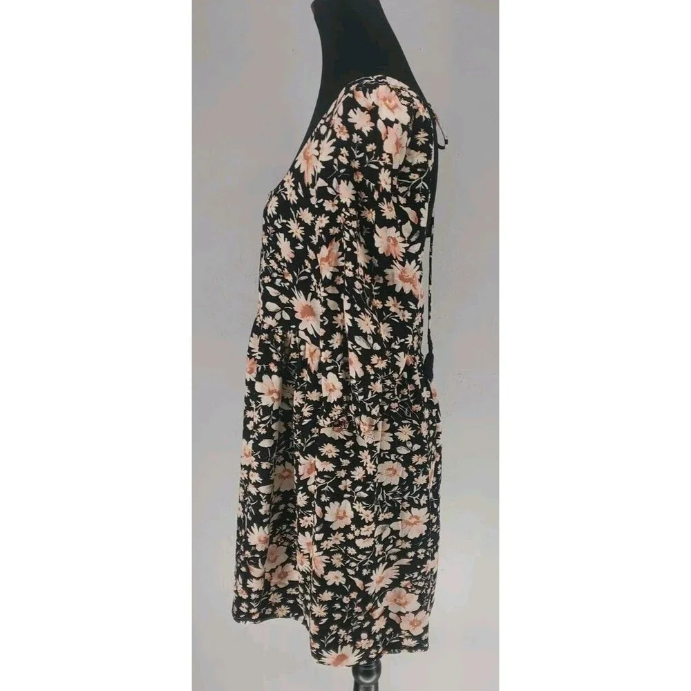 American‎ Eagle 3/4 Sleeve Black Floral Boho Peasant Mini Dress Size Small - Picture 2 of 6